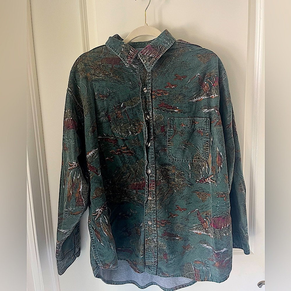 Vintage Button Down Outdoor Print Large Men’s Ozark Wilderness